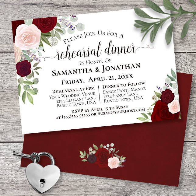 Elegant Burgundy Floral Wedding Rehearsal Dinner Invitation (Creator Uploaded)