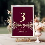 Elegant Burgundy Floral Wedding Table Number<br><div class="desc">Add elegant coordination to your reception with this burgundy and gold wedding table number,  adorned with romantic floral line art and a heart motif. Ideal for autumn or winter weddings,  this stylish sign helps guests find their seats with charm.
Need design help? Email: bpkolman@gmail.com</div>