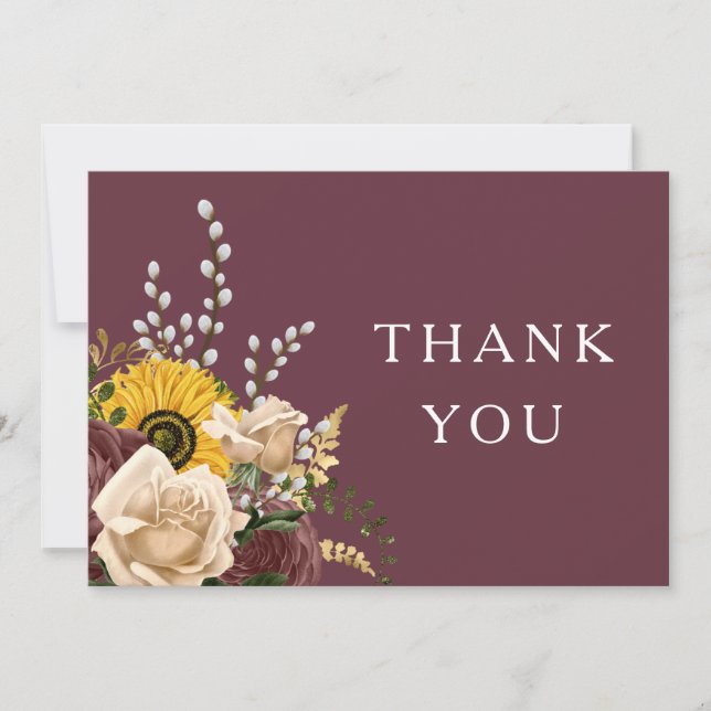 Elegant Burgundy Floral Wedding  Thank You Card (Front)