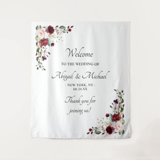 Elegant Burgundy Floral Wedding Welcome Sign Tapestry (Front)