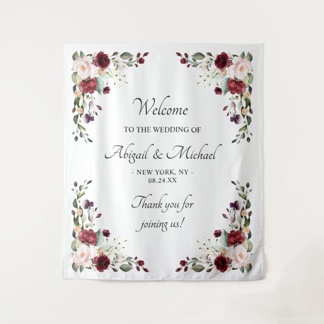 Elegant Burgundy Floral Wedding Welcome Sign Tapestry (Front)