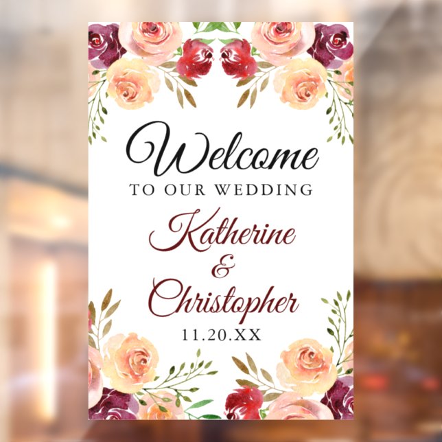 Elegant Burgundy Floral Welcome to our Wedding Window Cling (Sheet 2)