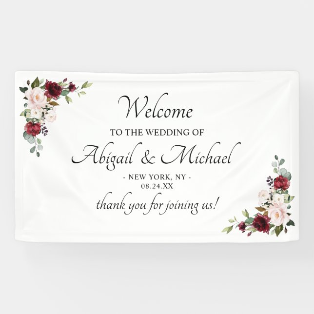 Elegant Burgundy Floral Welcome Wedding Banner (Horizontal)