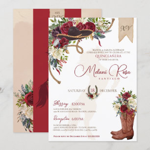 Elegant Burgundy Floral Winter Charro Quinceanera Invitation