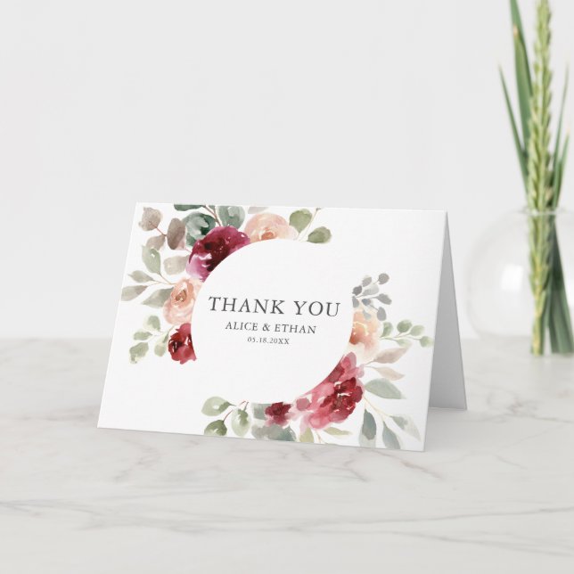 Elegant Burgundy Flower Eucalyptus Photo Wedding Thank You Card (Front)