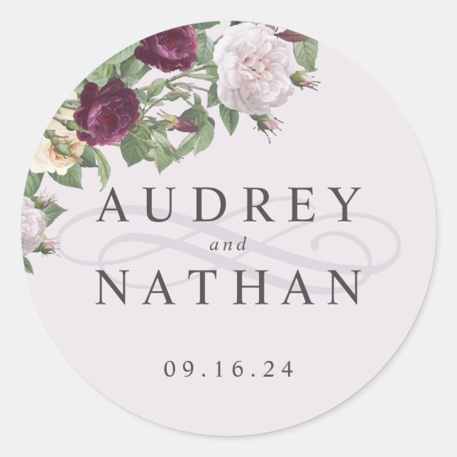 Elegant Burgundy Flower Personalised Wedding Classic Round Sticker (Front)