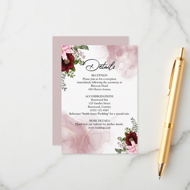 Elegant Burgundy Flower Wedding Enclosure Card (Front/Back In Situ)