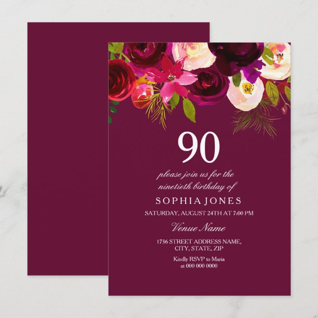 Elegant Burgundy Flowers 90th Birthday Invite (Front/Back)