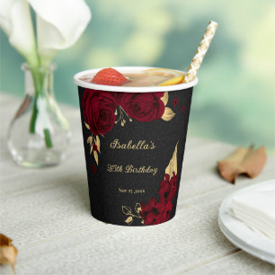Elegant burgundy flowers gold black paper cups