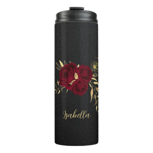 Elegant burgundy flowers gold black thermal tumbler