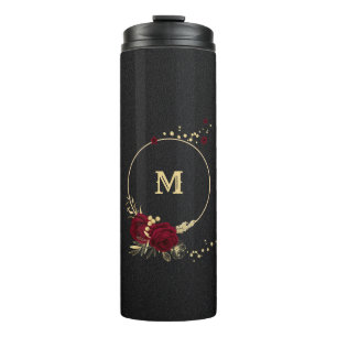 Elegant burgundy flowers gold black thermal tumbler