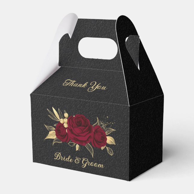 Elegant burgundy flowers gold black wedding favour box (Front Side)