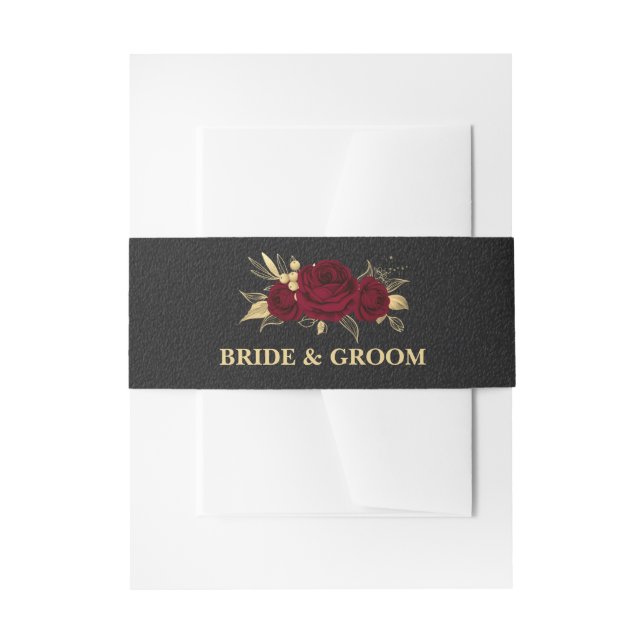 Elegant burgundy flowers gold black wedding invitation belly band (Front Example)