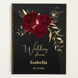 Elegant burgundy flowers gold black wedding planner