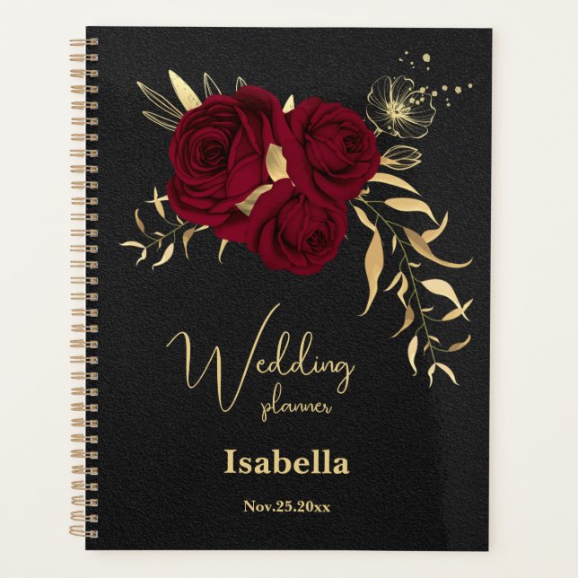 Elegant burgundy flowers gold black wedding planner (Front)