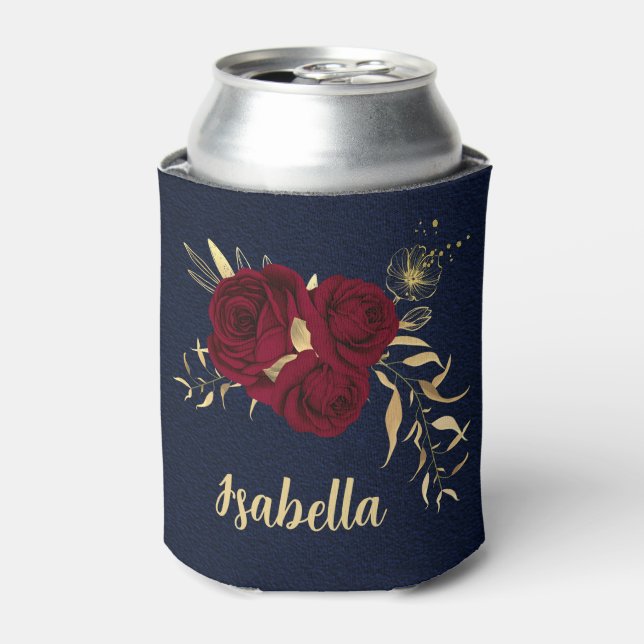 Elegant burgundy flowers gold navy can cooler (Can Front)