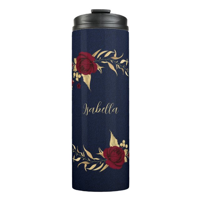 Elegant burgundy flowers gold navy thermal tumbler (Front)