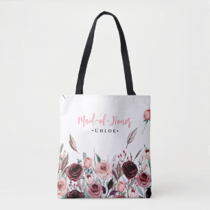 Elegant Burgundy Flowers Maid of Honour Custom Nam Tote Bag