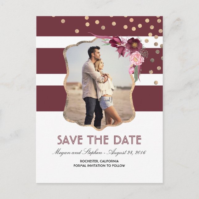 Elegant Burgundy Flowers Photo Save the Date Announcement Postcard (Front)