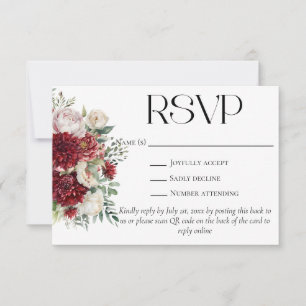 Elegant Burgundy Flowers QR Code Wedding Website RSVP Card