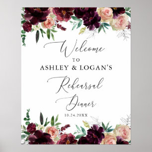 Elegant Burgundy Flowers Rehearsal Dinner Welcome Poster