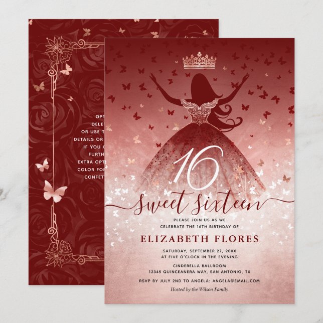 Elegant Burgundy Flowers Rose Gold Sweet 16 Invitation (Front/Back)