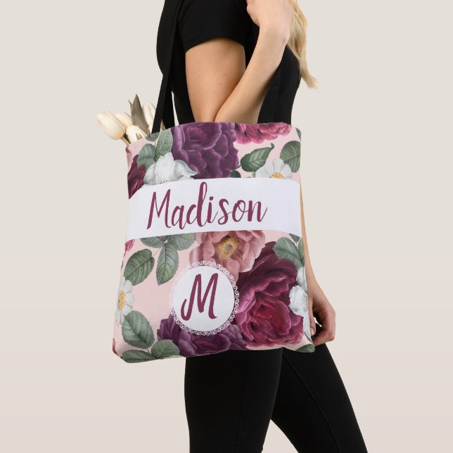 Elegant Burgundy Flowers Trendy Initial Monogram Tote Bag (Close Up)