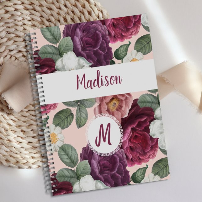 Elegant Burgundy Flowers Trendy Monogram Planner (Creator Uploaded)