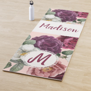 Elegant Burgundy Flowers Trendy Monogram Yoga Mat
