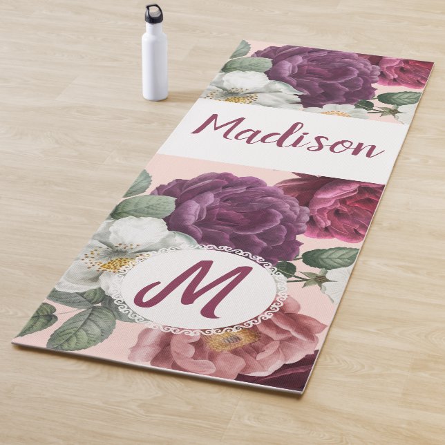 Elegant Burgundy Flowers Trendy Monogram Yoga Mat (In Situ)