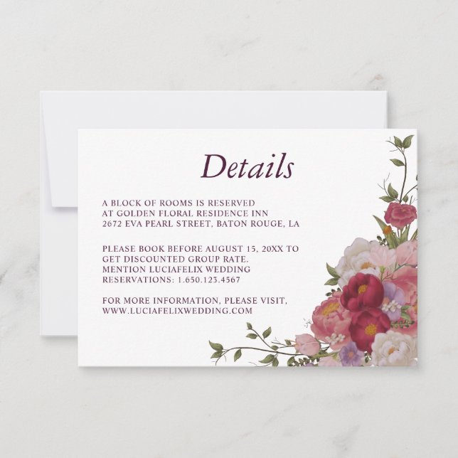 Elegant Burgundy Flowers Wedding Detail card (Front)