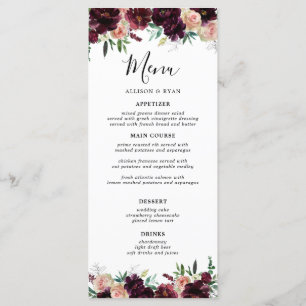 Elegant Burgundy Flowers Wedding Menu