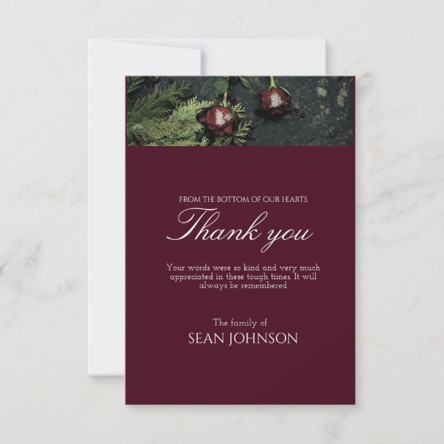 Elegant Burgundy Forever in Our Hearts Funeral Thank You Card (Front)