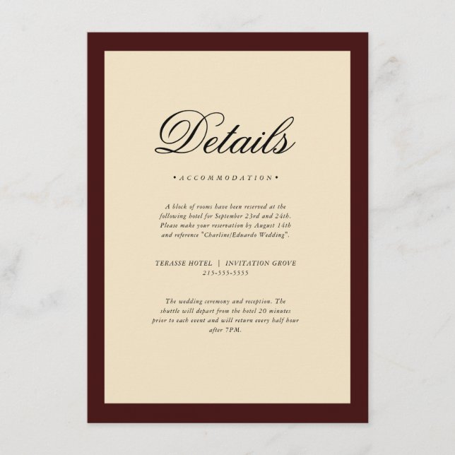 Elegant Burgundy Frame Wedding Details Enclosure Card (Front)