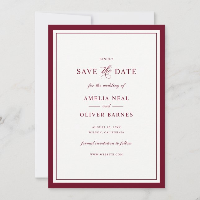 Elegant Burgundy Frame Wedding Save the Date Invitation (Front)