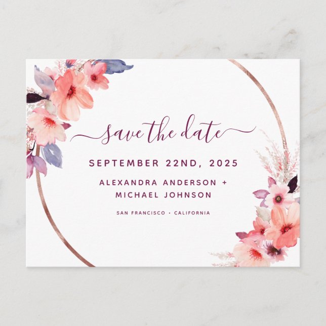 Elegant Burgundy Geometric Floral Save the Date Announcement Postcard (Front)