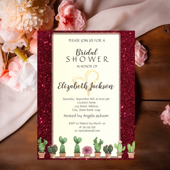 Elegant Burgundy Glitter Cactus Bridal Shower Invitation (Creator Uploaded)