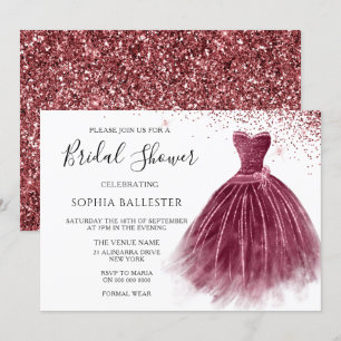 Elegant Burgundy Glitter Gown Bridal Shower Invitation
