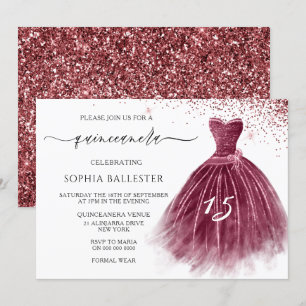 Elegant Burgundy Glitter Gown Quinceanera Party Invitation