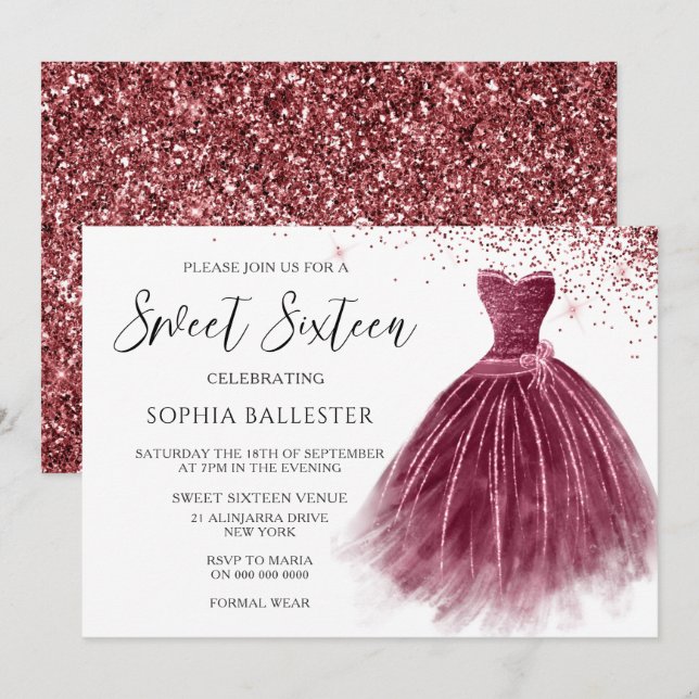 Elegant Burgundy Glitter Gown Sweet 16 Party Invitation (Front/Back)