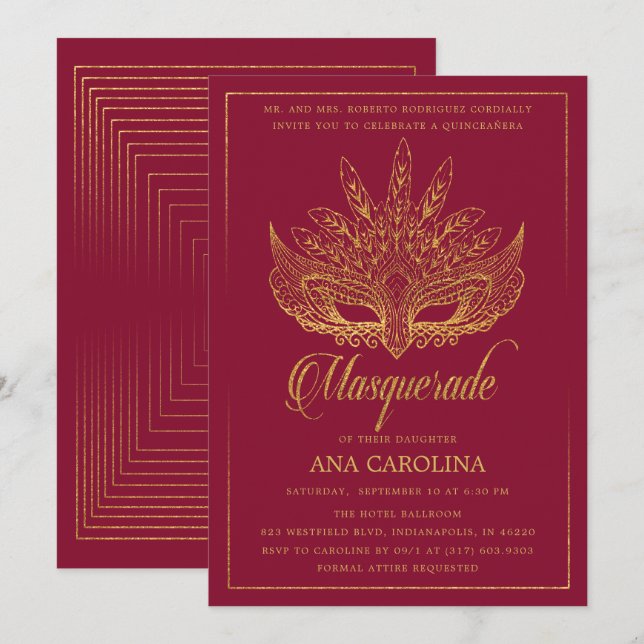 Elegant Burgundy Glitter Masquerade Quinceañera Invitation (Front/Back)