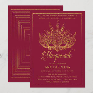 Elegant Burgundy Glitter Masquerade Quinceañera Invitation