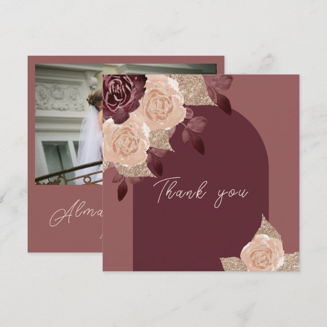 Elegant Burgundy Glittery Watercolor Roses Wedding Thank You Card (Front/Back)