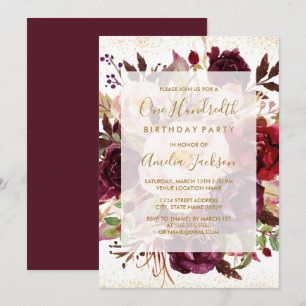 Elegant Burgundy Gold 100th Birthday Invitation