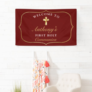 Elegant Burgundy Gold 1st Holy Communion Welcome   Banner