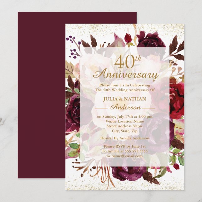 Elegant Burgundy Gold 40th Wedding Anniversary Invitation (Front/Back)