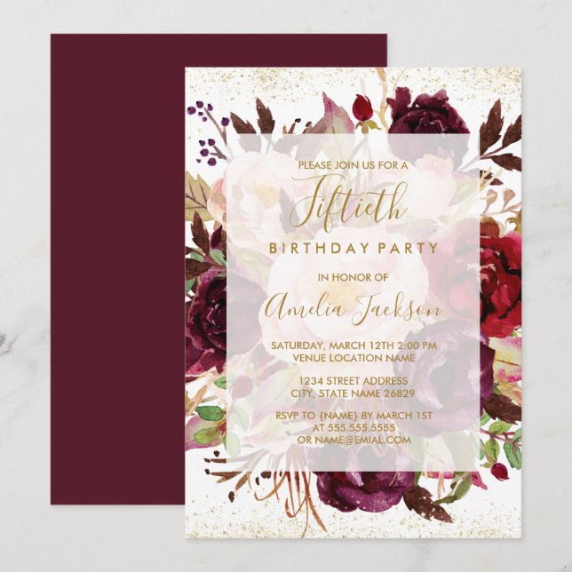 Elegant Burgundy Gold 50th Birthday Invitation (Front/Back)