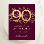 Elegant Burgundy Gold 90th Birthday Invitation<br><div class="desc">Elegant burgundy maroon gold 90th birthday party invitation. Customisable dark red marsala wine design featuring roses botanical accents and typography script font. Simple floral invite card perfect for a stylish female bday celebration. Personalise with your own details. Printed Zazzle invitations or instant download digital printable template.</div>