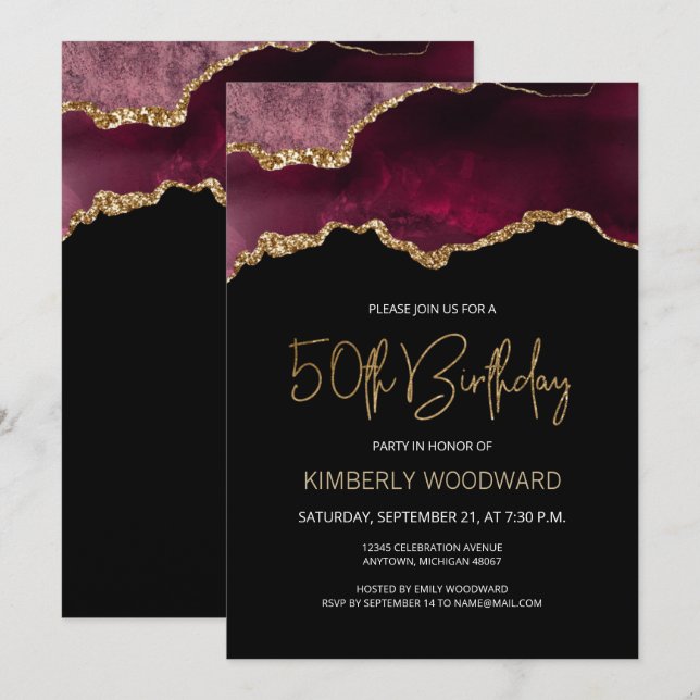 Elegant Burgundy Gold Agate 50th Birthday Party Invitation (Front/Back)