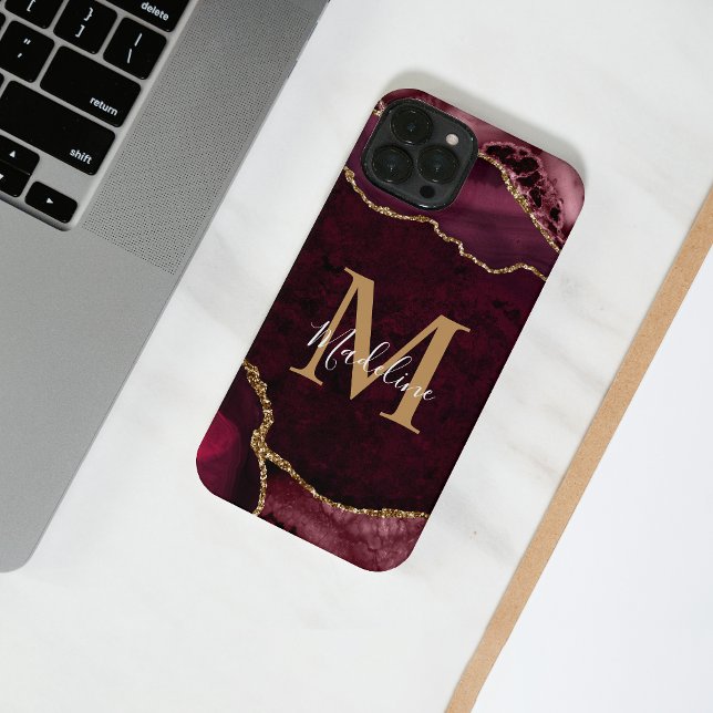Elegant Burgundy Gold Agate Geode Monogram iPhone Case (Creator Uploaded)